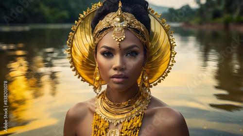 Graceful Oxum: Goddess of Fresh Waters in Golden Glow. Umbanda Brazilian Entity