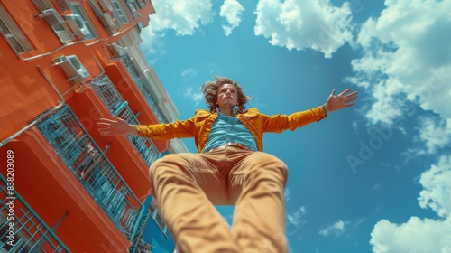 Young Man Mid-Air in Urban Setting with Blue Sky Background