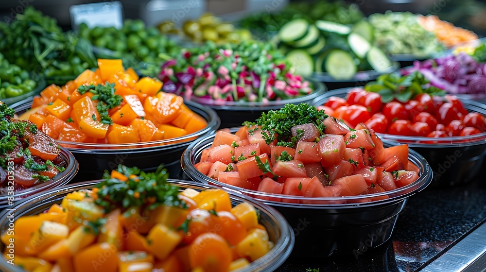 A vibrant display of healthy school meals in a cafeteria setting, featuring colorful salads, fresh fruits, and whole grain wraps, a clear header at the top for catchy slogans or meal plan details A vibrant display of healthy school meals in a cafeteria setting, featuring colorful salads, fresh fruits, and whole grain wraps, a clear header at the top for catchy slogans or meal plan details