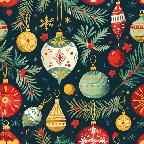 Beautiful Xmas pattern with ornaments. Christmas wrapping paper concept