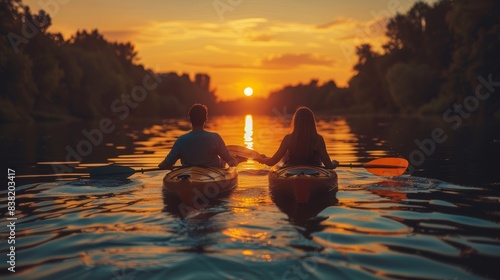Couple Kayaking at Sunset on Serene Lake  Romantic Outdoor Adventure
