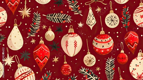 Beautiful Xmas pattern with ornaments. Christmas wrapping paper concept