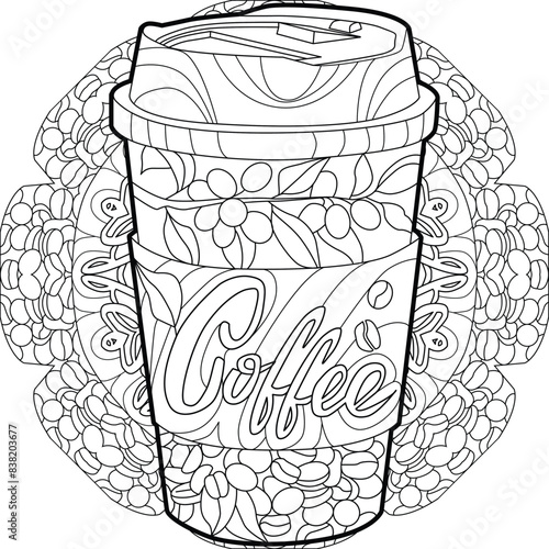 Cup of coffee beverage with abstract ornaments on mandala for coloring