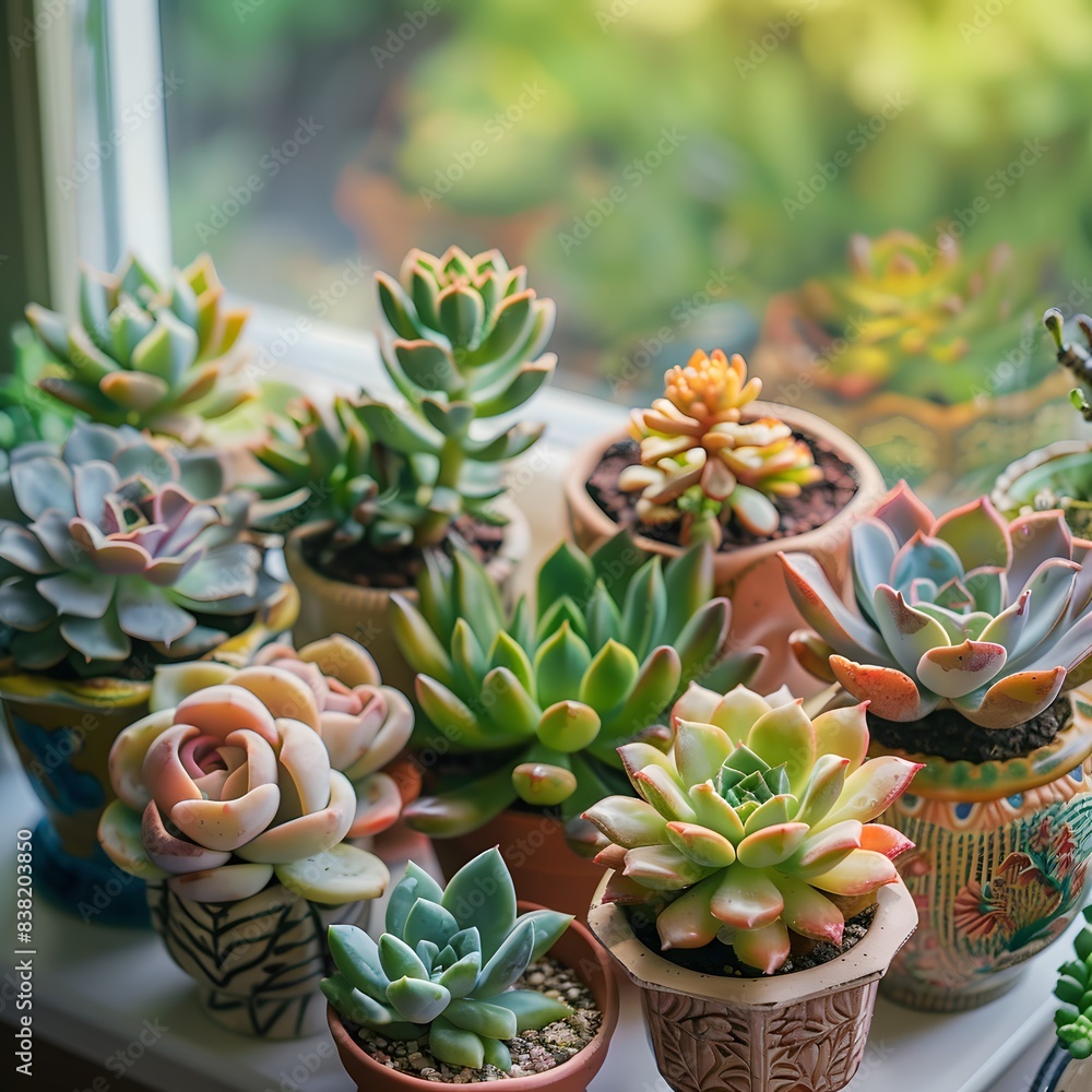 Variety of Succulent Plants in Pots on a Window Sill Variety of Succulent Plants in Pots on a Window Sill