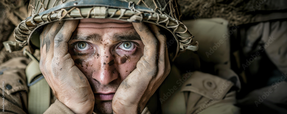 tired and worried looking US American soldier with his hands on his ...