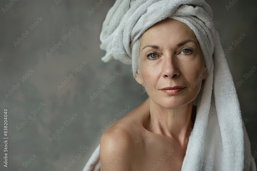 Obraz premium person with a towel in the head. beauty and care concept