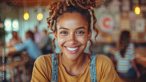 Smiling Young Woman Enjoying Coffee in a Relaxed Café Environment