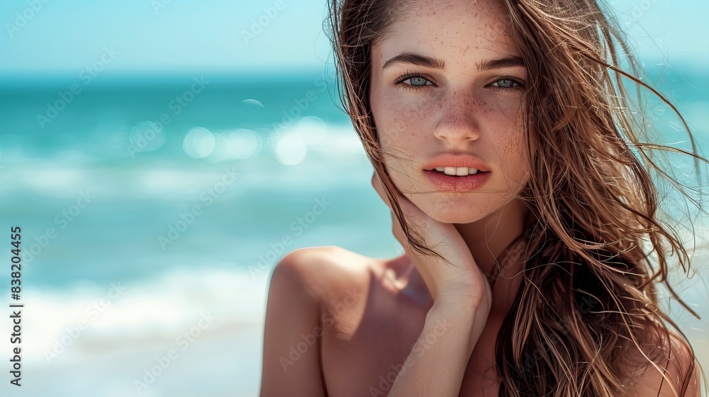 Beautiful woman posing on the beach shooting Beautiful woman posing on the beach shooting
