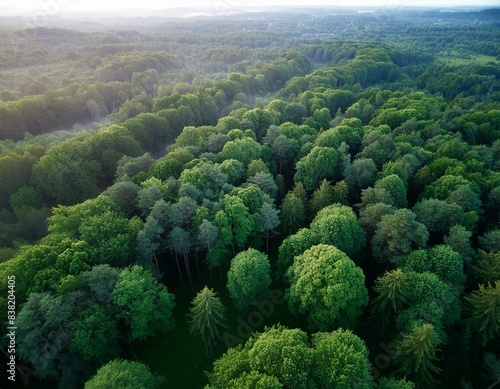 Summer in aerial view of the forest. green deciduous trees. Drone shooting over a colorful green texture in nature