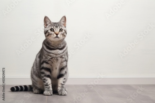 Portrait of a happy american shorthair cat in front of minimalist or empty room background