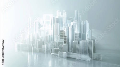 A futuristic holographic cityscape projected onto a blank white wall, showcasing the potential of AI-generated urban planning.