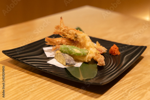 Japanese tempura shrimp and vegetables, photographed in Fukuoka, Japan