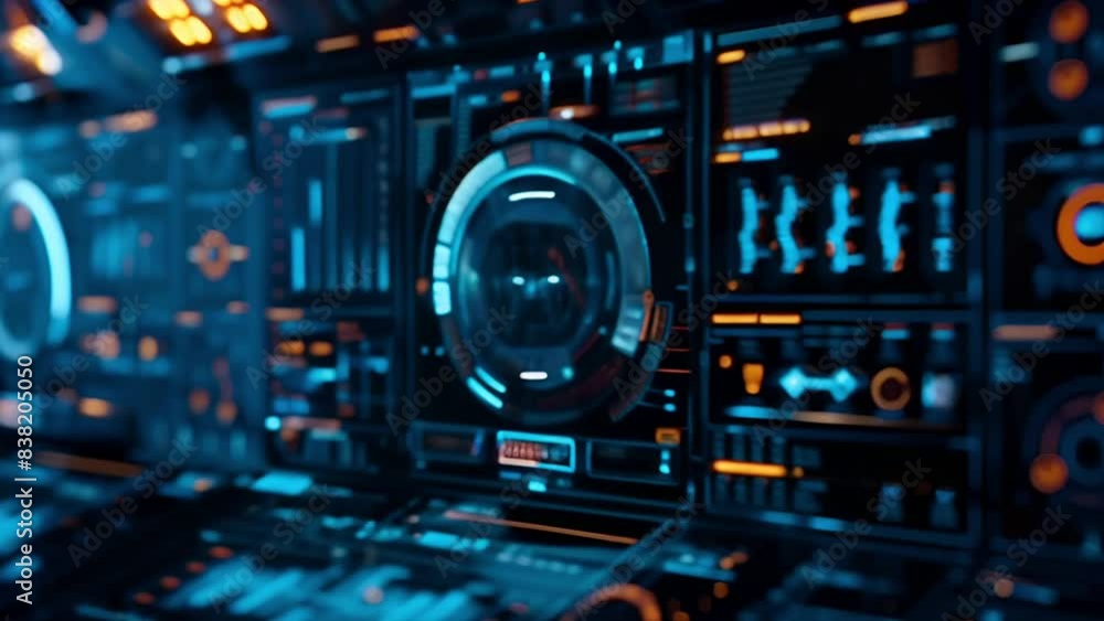 Close-up of futuristic user interface with bright blue various data and controls. Concept of advanced technology and digital research Close-up of futuristic user interface with bright blue various data and controls. Concept of advanced technology and digital research