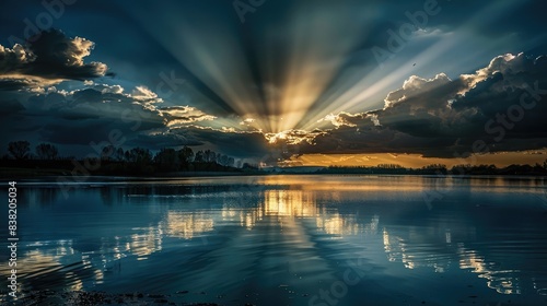 Dark sky with sun rays bursting through the clouds  casting an otherworldly light on a quiet  reflective lake