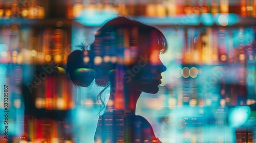 Library, reading, research close up, focus on, copy space vibrant colors, Double exposure silhouette with bookshelves