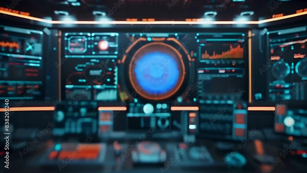 A futuristic control room with multiple screens displaying data and visuals, including a prominent display showing a detailed view of the Earth A futuristic control room with multiple screens displaying data and visuals, including a prominent display showing a detailed view of the Earth
