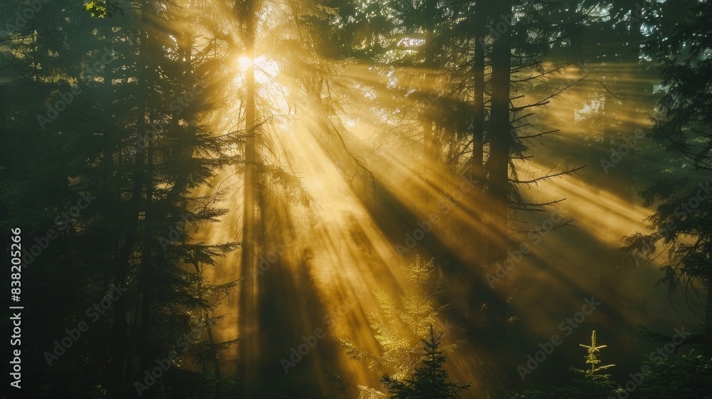 Obraz premium Sunbeams Through Pine Forest