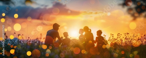 Silhouetted family enjoying a beautiful sunset in a meadow with a glowing bokeh effect, depicting a warm, serene evening moment.