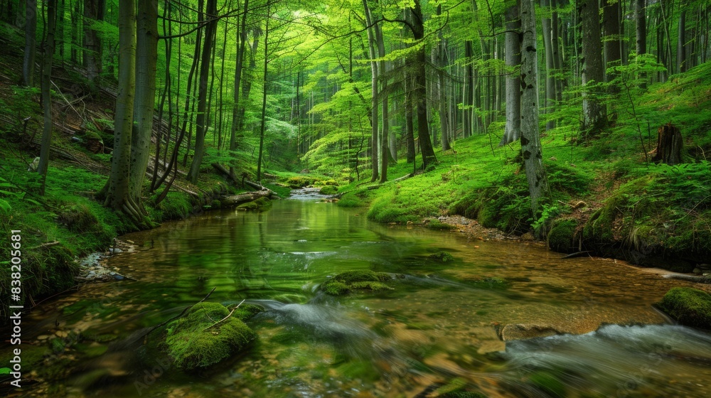 Obraz premium Serene forest stream in lush green woods