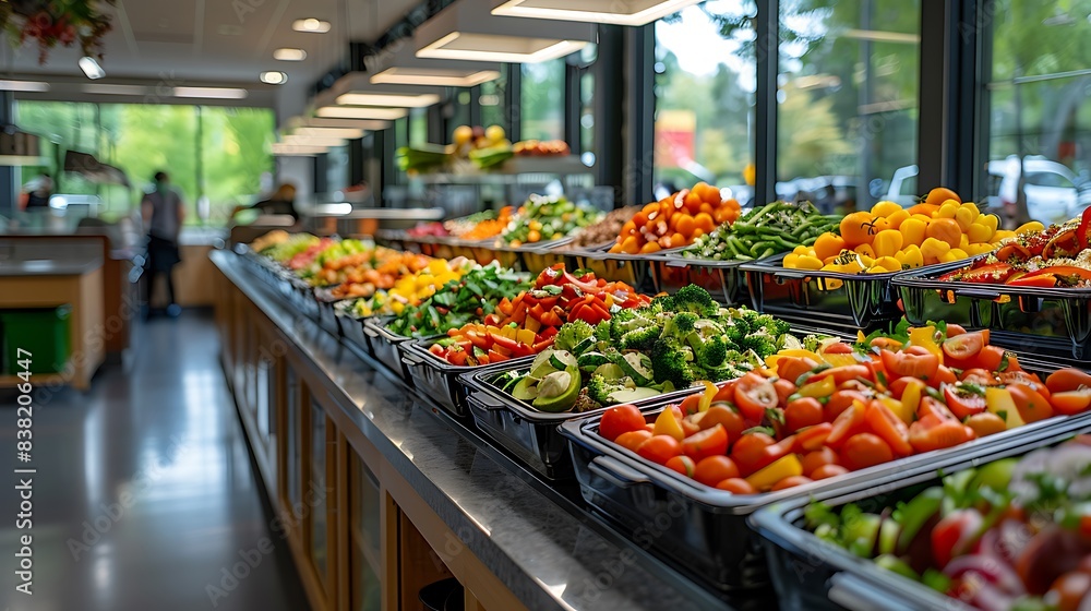 Obraz premium A well-lit cafeteria scene showcasing a variety of nutritious school meals like vegetable wraps, fruit bowls, and whole grain sandwiches.