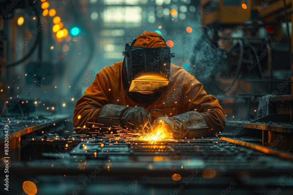Worker in uniform and protective masks welds the structure on the construction, AI generated Worker in uniform and protective masks welds the structure on the construction, AI generated