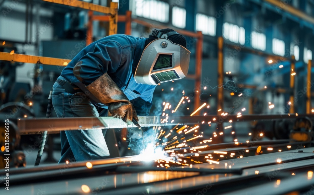 Worker in uniform and protective masks welds the structure on the construction, AI generated Worker in uniform and protective masks welds the structure on the construction, AI generated
