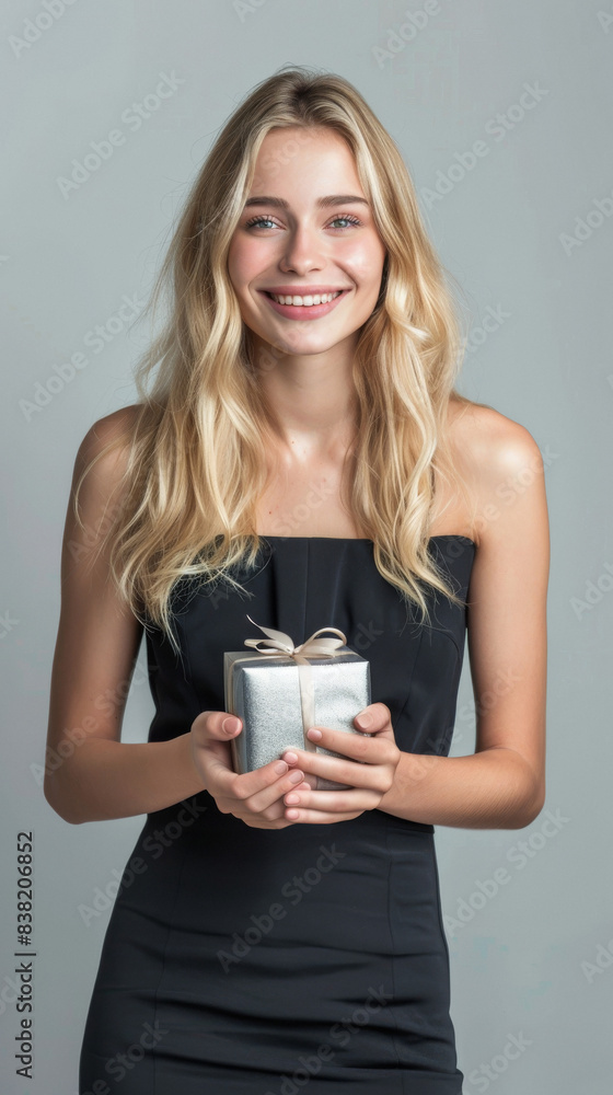 teenager girl is holding a silver box with a ribbon on it teenager girl is holding a silver box with a ribbon on it
