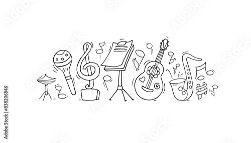Doodle music instruments, guitar, drums, saxophone and maracas. Concept of jazz or rock concert with music stand, acoustic guitar, treble clef and notes, vector sketch illustration