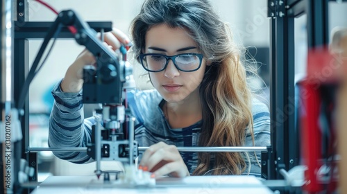 Female engineer working with a 3D printer in a lab  illustrating the integration of technology and engineering in modern STEM applications