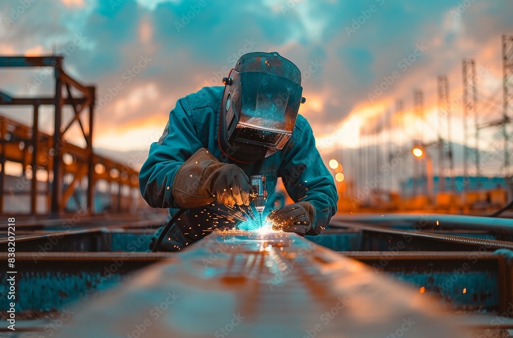 Worker in uniform and protective masks welds the structure on the construction, AI generated Worker in uniform and protective masks welds the structure on the construction, AI generated