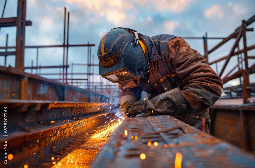 Worker in uniform and protective masks welds the structure on the construction, AI generated Worker in uniform and protective masks welds the structure on the construction, AI generated