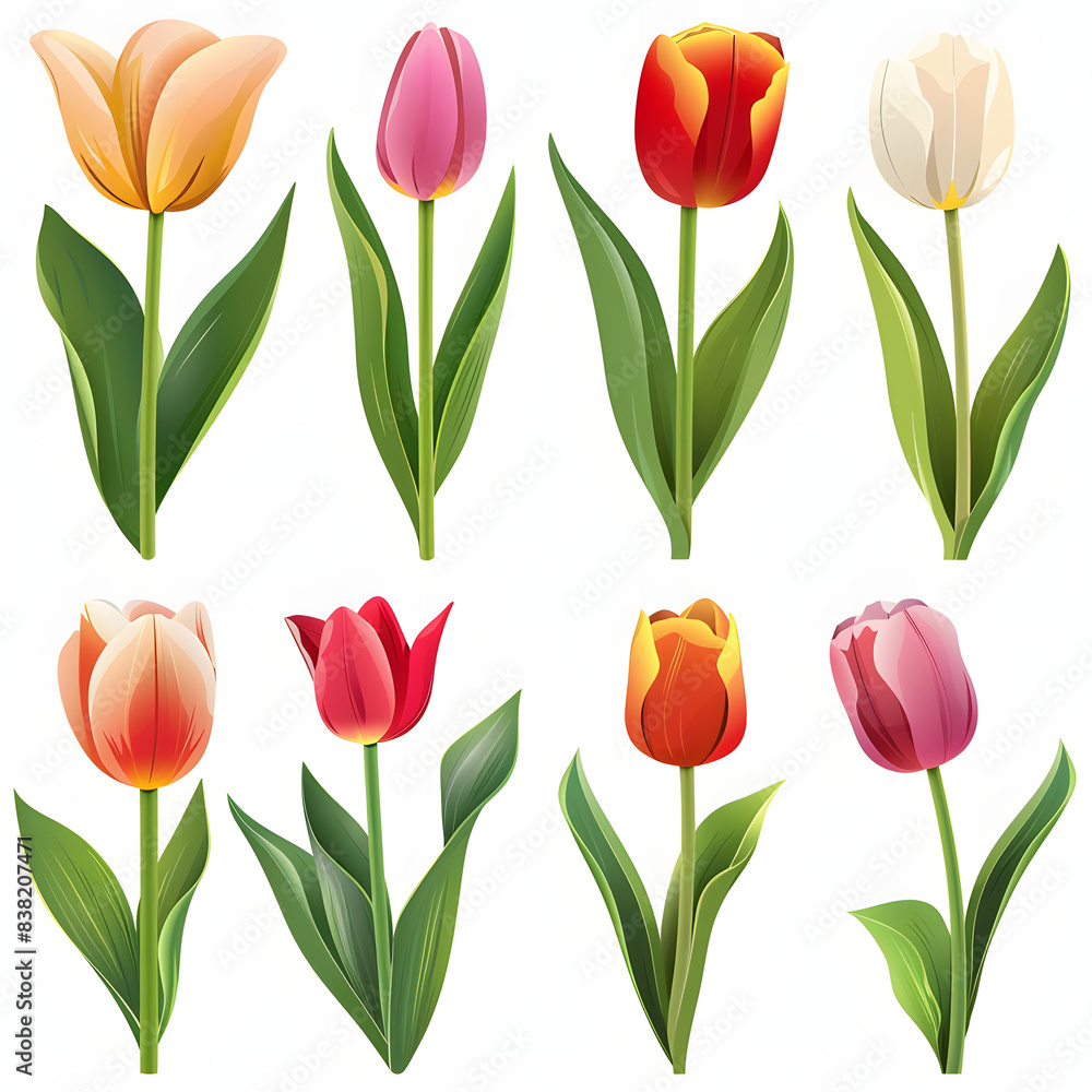 tulip flower icon set, garden tulip flower flat design, abstract tulip flower symbol, simple flowers isolated on white background, detailed, png