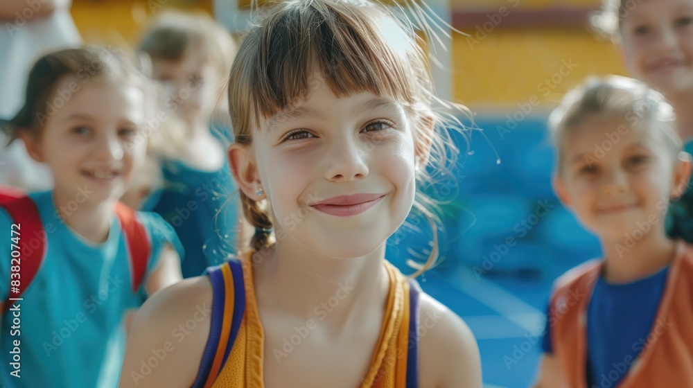 Cute kids playing basketball at the sports stadium center. Summer camp concept. Cute kids playing basketball at the sports stadium center. Summer camp concept.