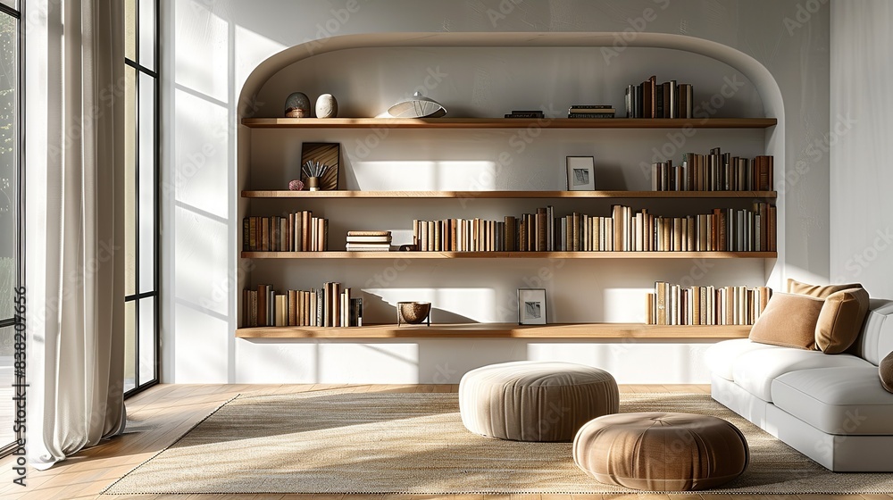 A wall-mounted, minimalist bookshelf with a few select books and decorative items, adding functionality and style to the living room. shiny, Minimal and Simple, A wall-mounted, minimalist bookshelf with a few select books and decorative items, adding functionality and style to the living room. shiny, Minimal and Simple,