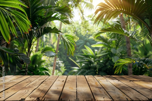 3D Product Placement on Wooden Table with Tropical Forest Background