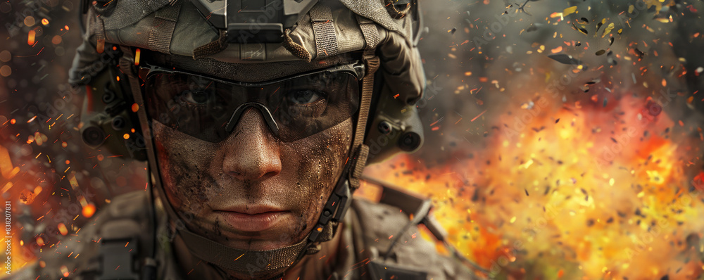 A portrait of an American soldier in full gear, helmet and body armor with dark glasses on his face, explosions behind him, war scene. With copy space. A portrait of an American soldier in full gear, helmet and body armor with dark glasses on his face, explosions behind him, war scene. With copy space.