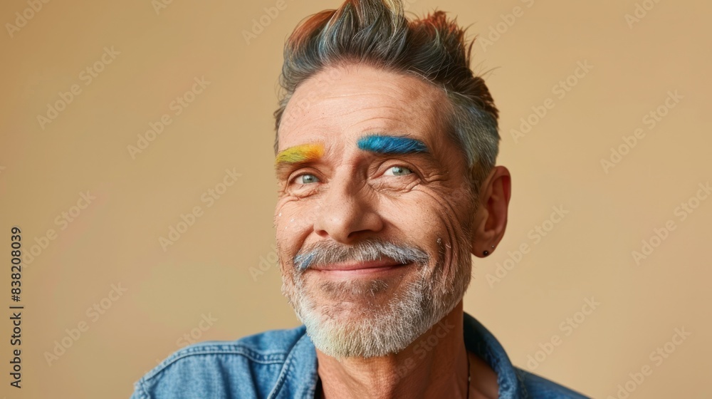 Happy mature gay man with rainbow colored eyebrows wearing fashion clothes on beige background. Happy mature gay man with rainbow colored eyebrows wearing fashion clothes on beige background.