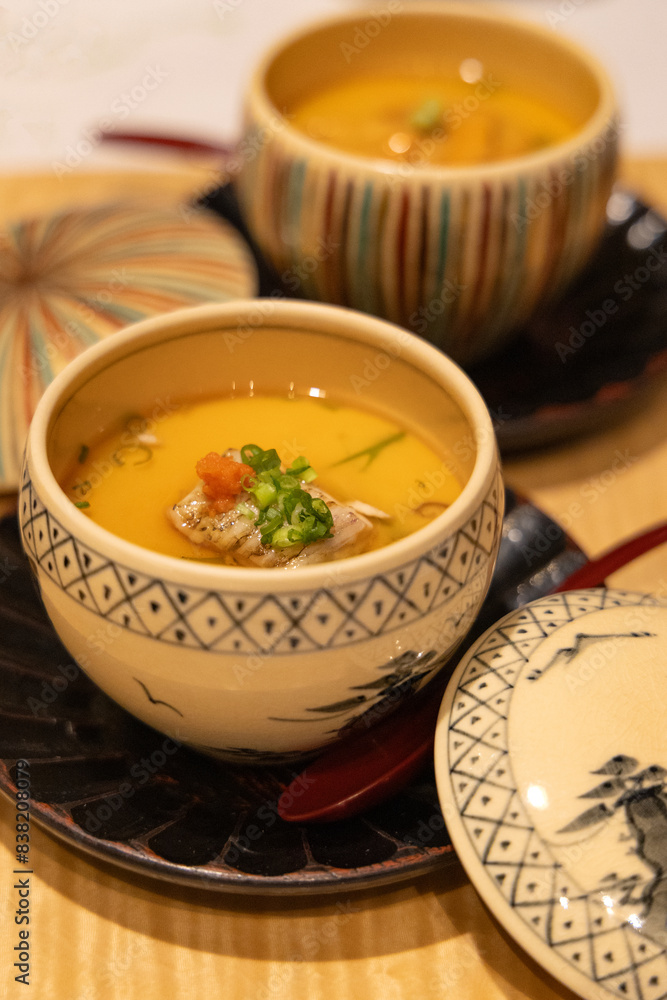 Japanese chawanmushi topped with cod pieces, photographed in Fukuoka, Japan Japanese chawanmushi topped with cod pieces, photographed in Fukuoka, Japan