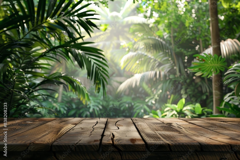 Wooden Table 3D Rendering with Tropical Forest Background for Product Display Wooden Table 3D Rendering with Tropical Forest Background for Product Display
