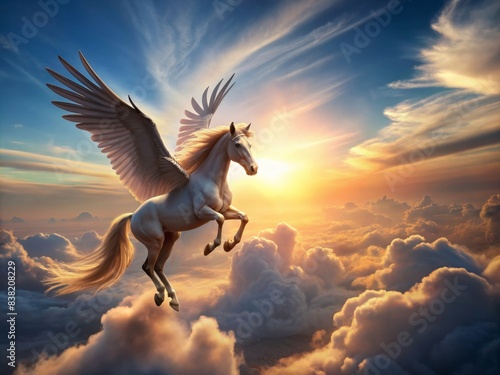 Majestic winged horse flying in the sky  mythical  creature  horse  wings  flying  sky  beautiful  fantasy  legend  ethereal  magical  majestic  equine  white  Greek  horseback  celestial