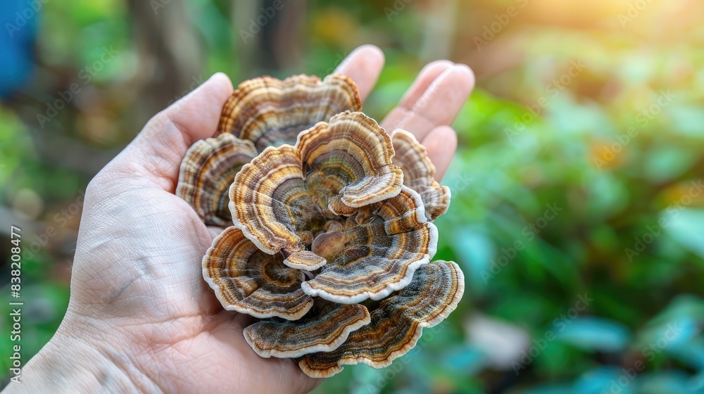 Hand holding a cluster of organic turkey tail mushrooms against a blurred natural background, highlighting their medicinal properties Hand holding a cluster of organic turkey tail mushrooms against a blurred natural background, highlighting their medicinal properties
