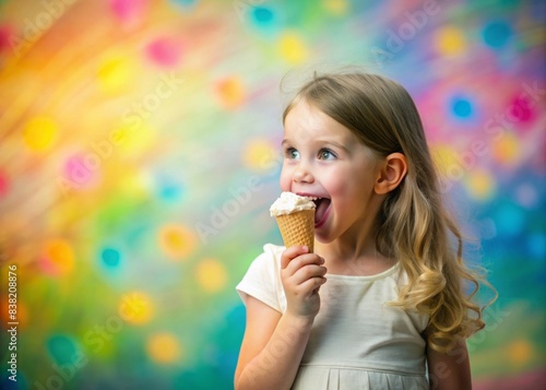 Little girl enjoying vanilla ice cream in waffle cone on colorful background  baby  kid  girl  vanilla ice cream  waffle cone  yellow  orange  green t-shirt  sweet  treat  dessert  summer