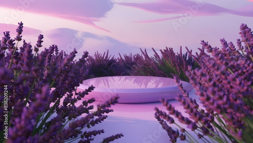 Lavender podium flower background purple product nature platform stand summer 3d table. Cosmetic podium lilac abstract field studio beauty flower spring lavender floral display plant backdrop crystal