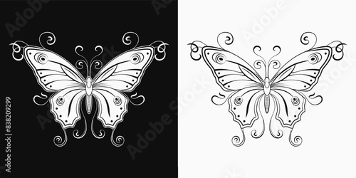 Fantasy butterfly with curled antennae, stretched wings in Art Nouveau style. Single isolated black and white illustration in vintage style. Top view.
