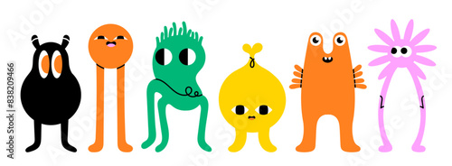 Abstract little Monsters or fantastic animals. Various quirky funny creatures. Cartoon childish style. Cute characters. Colorful hand drawn Vector illustration. Isolated design elements