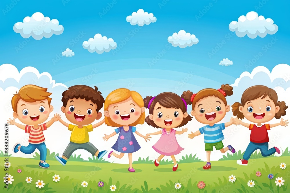 Realistic and cute cartoon characters of happy children playing and having fun, children, kids, cartoon, characters, happy, joyful, playful, playing, fun, cute, realistic, diversity, friends