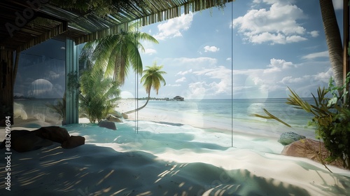 A holographic projection of a virtual reality beach experience, where visitors can immerse themselves in lifelike simulations of tropical paradises. photo