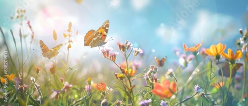 Butterfly in Meadow Butterflies fluttering among wildflowers in a meadow  with a sunny  blue sky backdrop