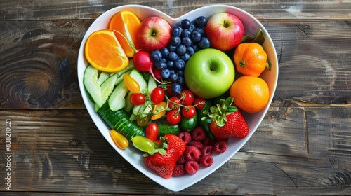 Heart bowl packed with colorful produce like apples, oranges, cucumbers, and berries, promoting a balanced diet