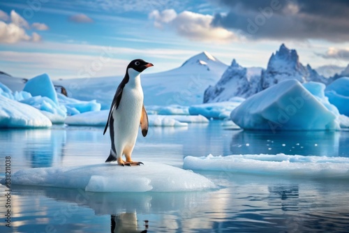 Penguin standing on a melting ice floe in Antarctica  penguin  ice floe  Antarctica  wildlife  climate change  survival  cold  nature  isolated  ecosystem  environment  bird  sea  water